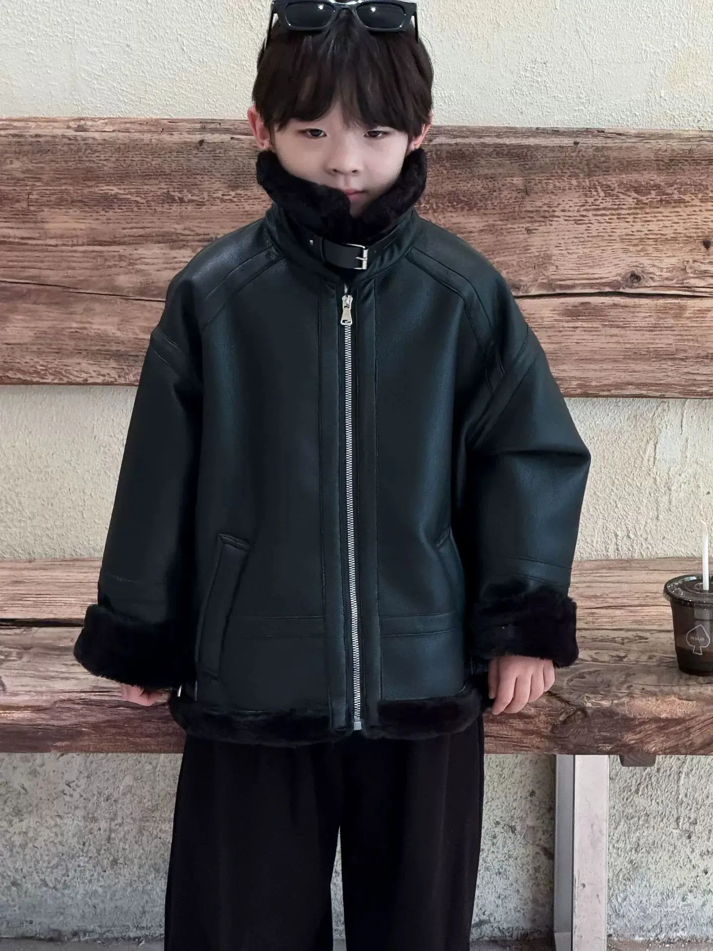 Children's Warm Brown Zipper Jacket Thick Faux Leather Coat Boys Winter New Korean Style Solid Turn-Down Collar Outwears