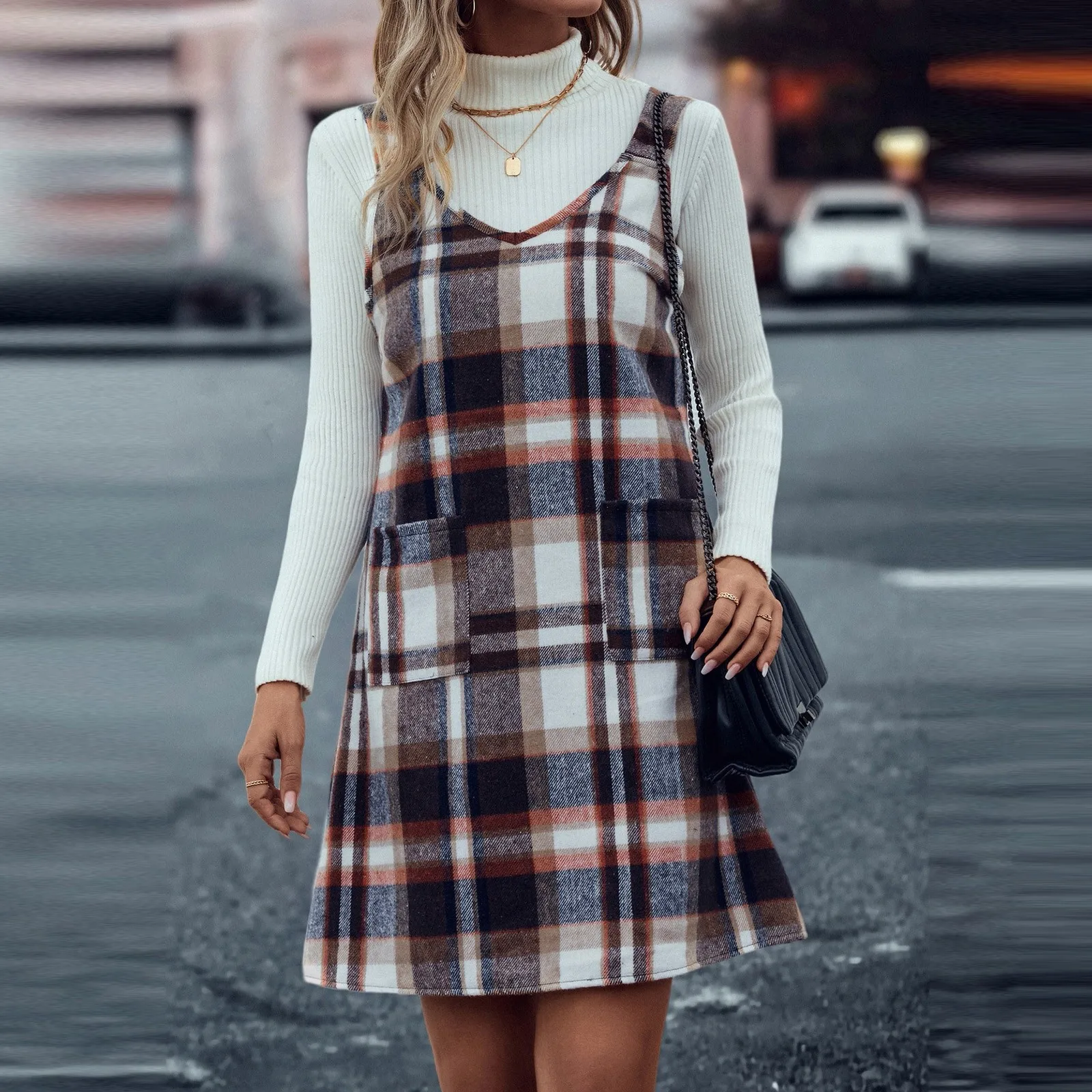 

Women Casual Plaid Printed Strap Dress V Neck Sleeveless Pocket Dresses Korean Style Fashion A Line Loose Pullover Mini Dress