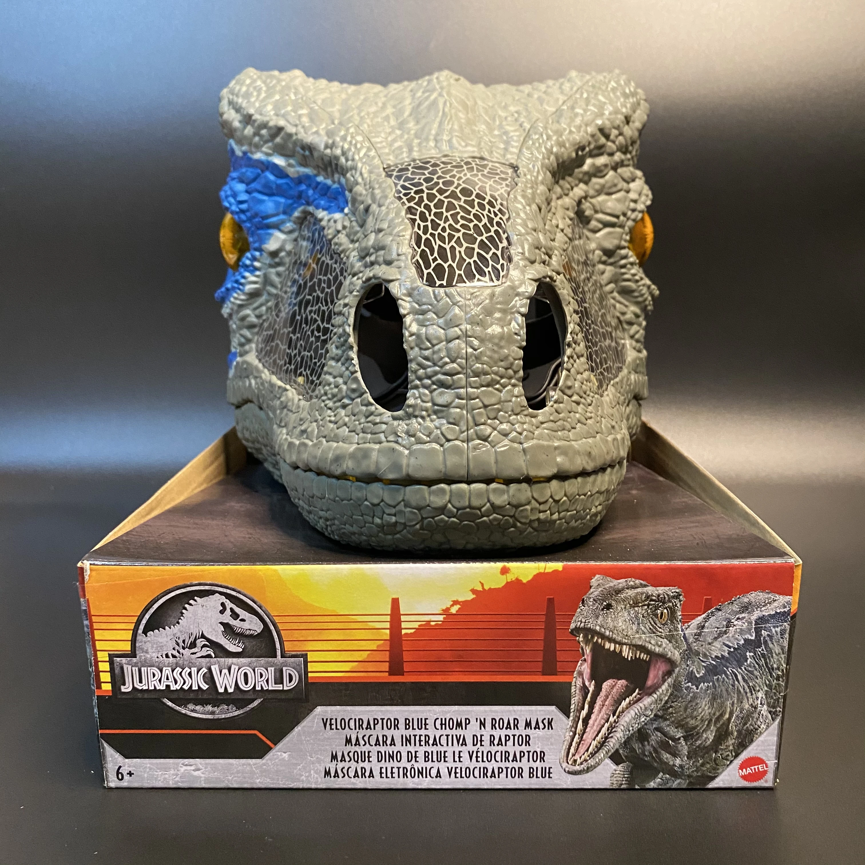 Mattel-máscara azul de dinosaurio Velociraptor de Jurassic World, efecto de  sonido, Cosplay, regalo de cumpleaños de Año Nuevo para niños FMB74 -  AliExpress