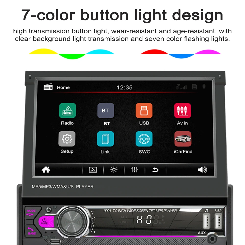 7-inch Retractable Screen Car MP5 MP4 MP3 Player BT 5.1 Car Locator Frequency Modulation Channel Radio AUX Audio Input car stereo mp3 mp4 player