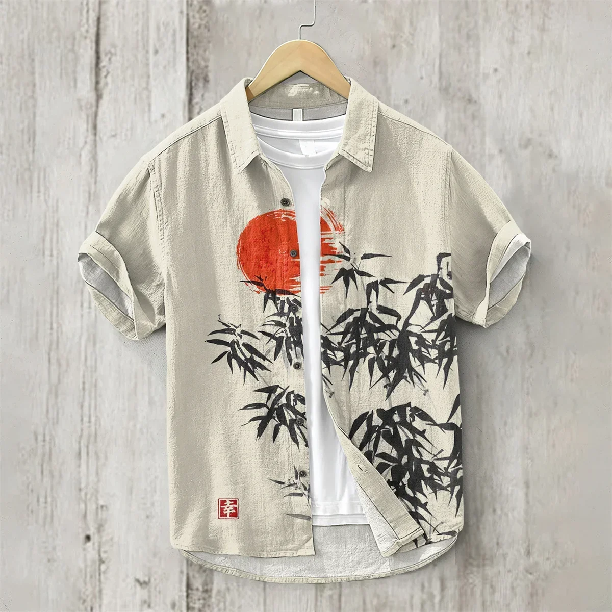 3D Printing Hawaiian Style Short Sleeve Shirt, Japanese Art Linen, Comfortable Loose Casual Flip Collar Shirt, Plum Blossom 6