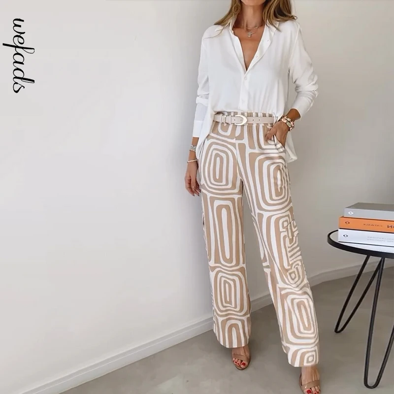 Wefads Two Piece Set Women Office Fashion Lapel Long-Sleeved Shirt Solid Single Breasted Button Top Printed Pants Sets No Belt