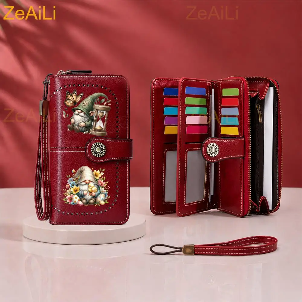 Portafoglio da donna con stampa a motivo di gnomi e nani, protezione RFID, grande capacità, portafoglio lungo multi-card con cinturino da polso, regalo. - immagine 3