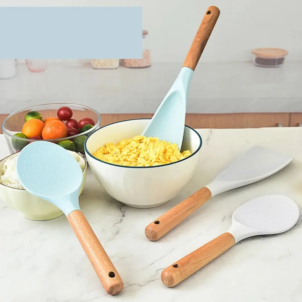 Silicone Rice Shovel Spoon Kitchenware with Long Wooden Handle Household Non-stick Big Cooking Spatula Scoop Kitchen Gadgets