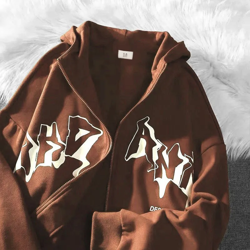 

Sweatshirts Y2k Graffiti Print Kawaii Crop Autumn Punk E-girl Zip-up Hoodie Long Sleeve Casual Vintage Brown Korean Outerwear