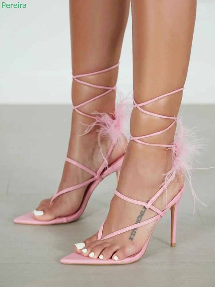 

Женские босоножки на шнуровке, розовые однотонные босоножки с перьями, с острым носком, на тонком высоком каблуке, модная привлекательная к...