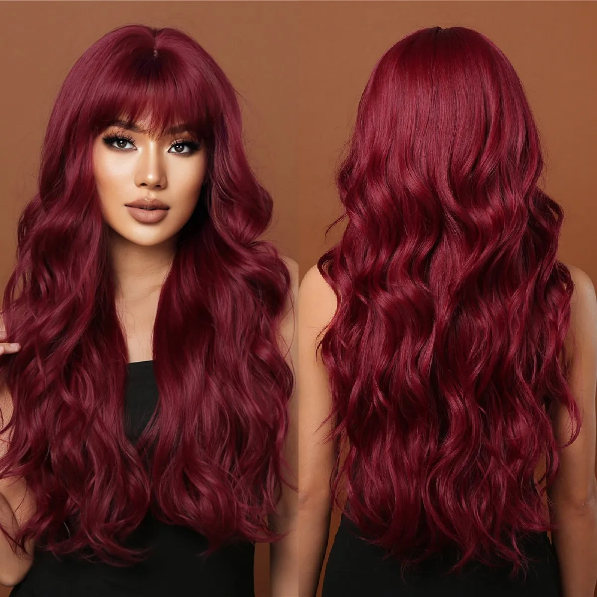 

Long Wavy Wine Red Synthetic Wigs Burgundy Water Wave Wig with Bangs for Black Women Cosplay Costume Hairs Heat Resistant Fiber