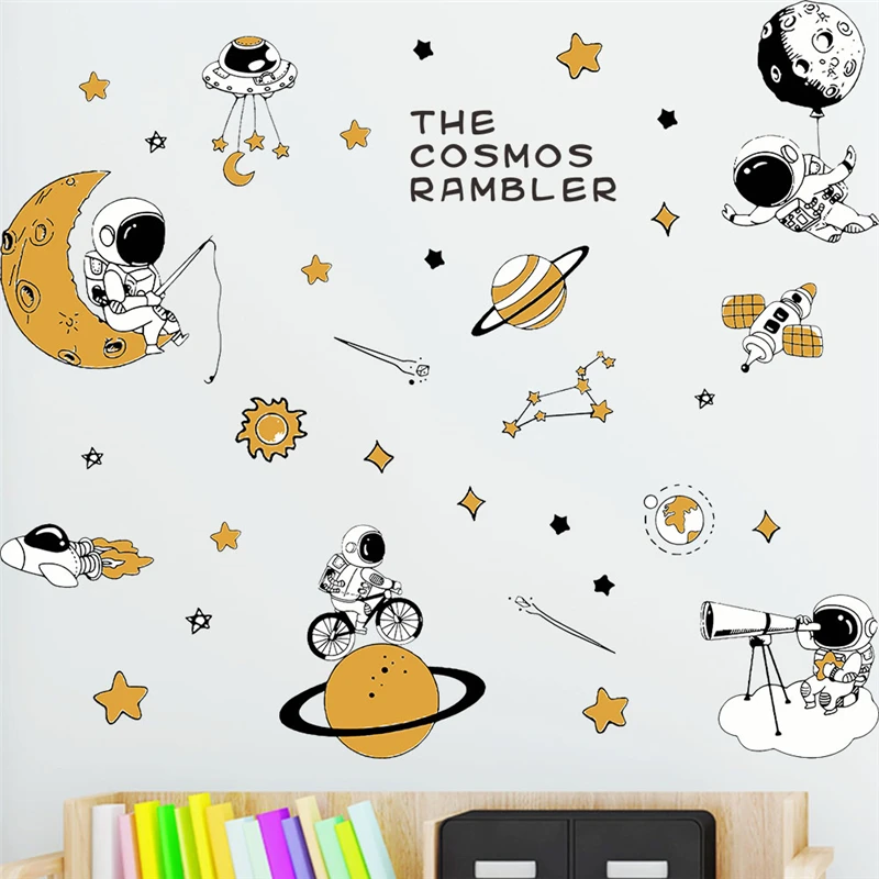 

Cartoon Astronaut Cosmos Rambler Wall Stickers For Kids Bedroom Home Decoration Planet Star Mural Art Pvc Decals Space Poster