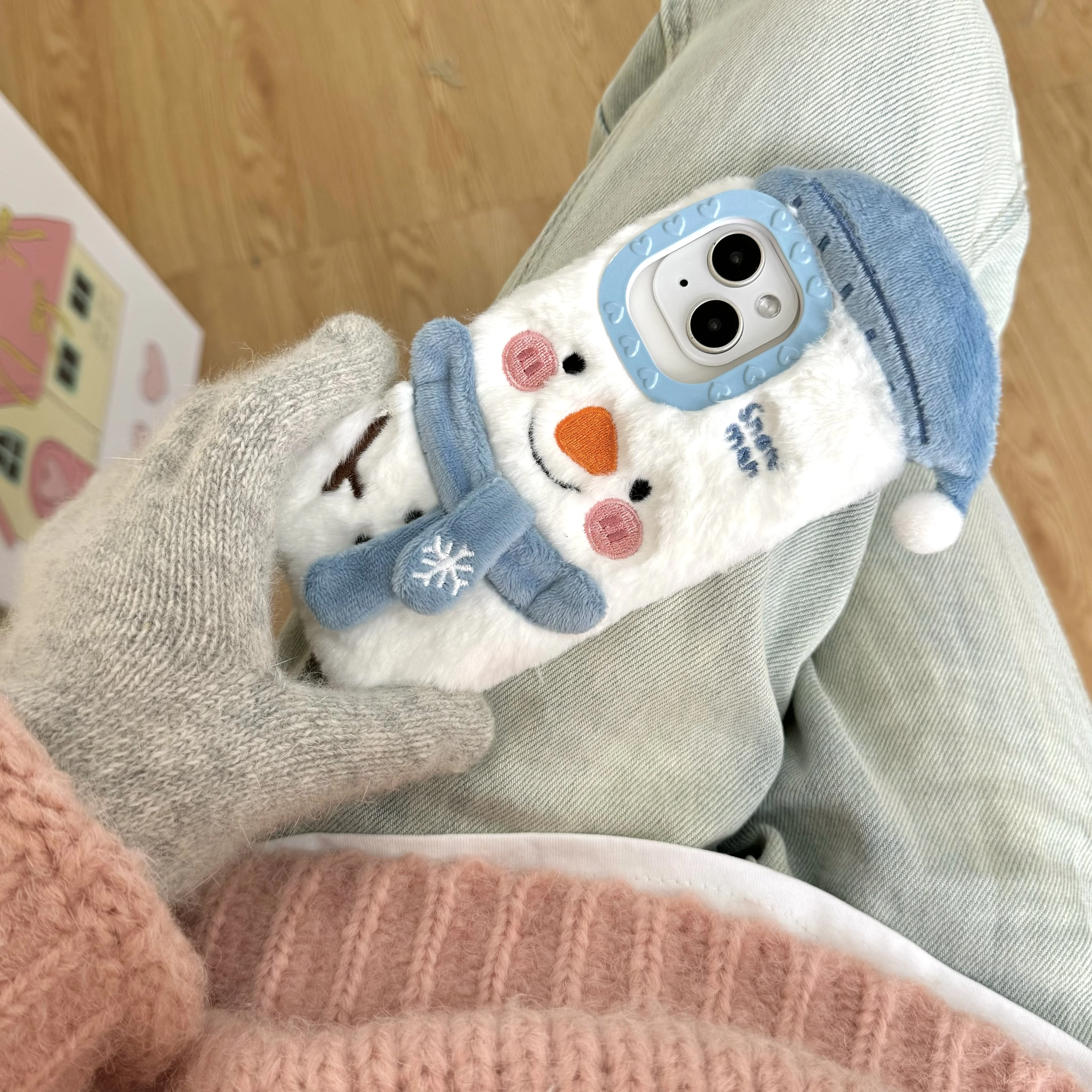 Japan Korea Ins Autumn Winter Plush Scarf Snowman Hat Phone Case for iPhone 16 15 14 13 Pro Max Back Cover Funda