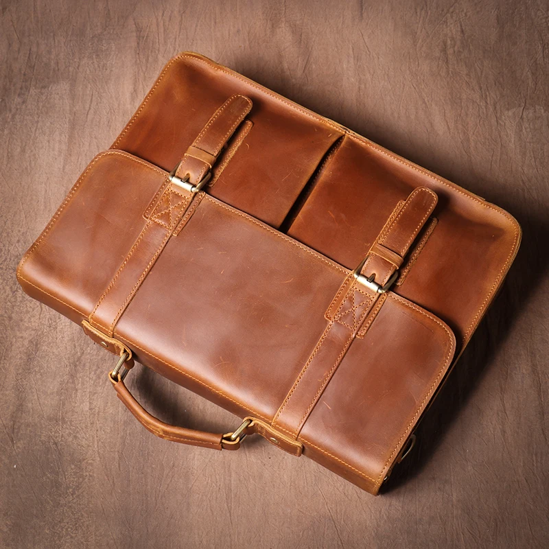 LUOKIR Vintage Crazy Horse Briefcase Travel Genuine Leather Handbag Luxury Men's Messenger Computer Shoulder Bag 14 Inch Laptop 6