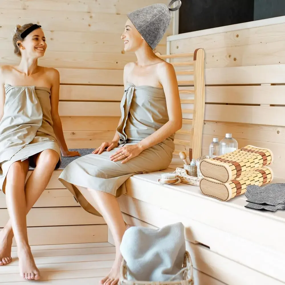Bamboo Sauna Pillow Head and Neck Rest Set Gloves Hats Mat Kit Spa Supplies Kit Relaxation Comfort Kit Outdoor Indoor Use Kit 5