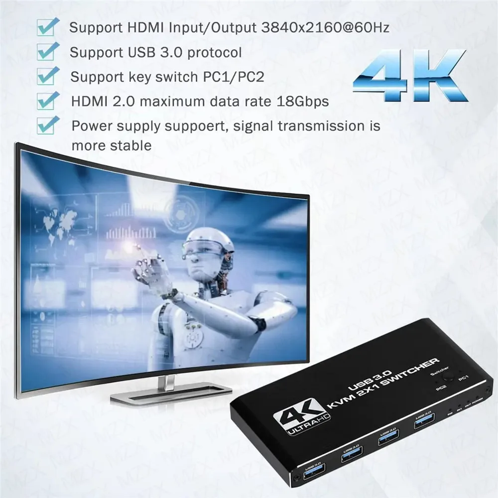 MZX KVM 스위치, HDMI 호환 USB 3.0 허브 도킹 스테이션, 도크 2 컴퓨터 PC 공유, 4 USB 장치, 키보드 마우스 프린터, 4K 60Hz
