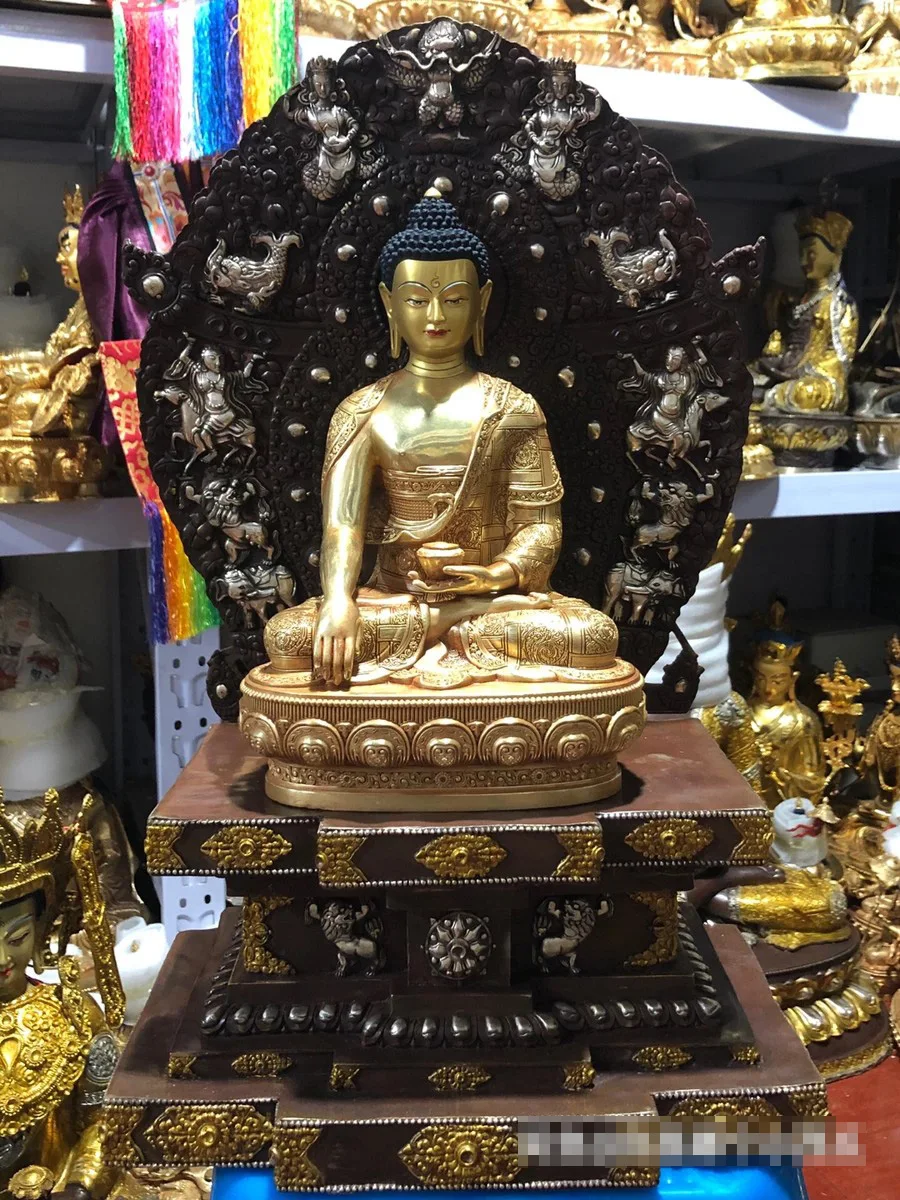 

Wholesale Buddhist supplies 55CM large brass Buddha statue setting platform 30cm high grade gilding Shakyamuni Buddha statue