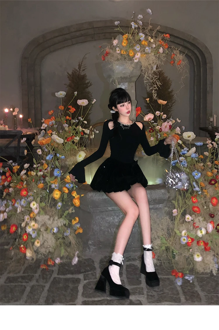 Autumn Winter Knitted Black Dresses for Women Long Sleeves High Waist A-line Birthday Party Dress Mini Vestidos Female Clothing