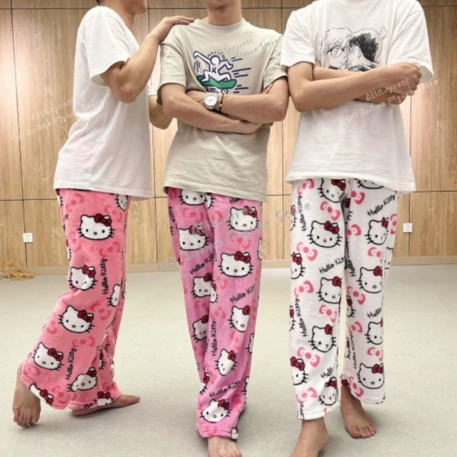 Fashion HelloKitty Pajamas Black Pink Anime Flannel Women Warm Home Pant  Autumn