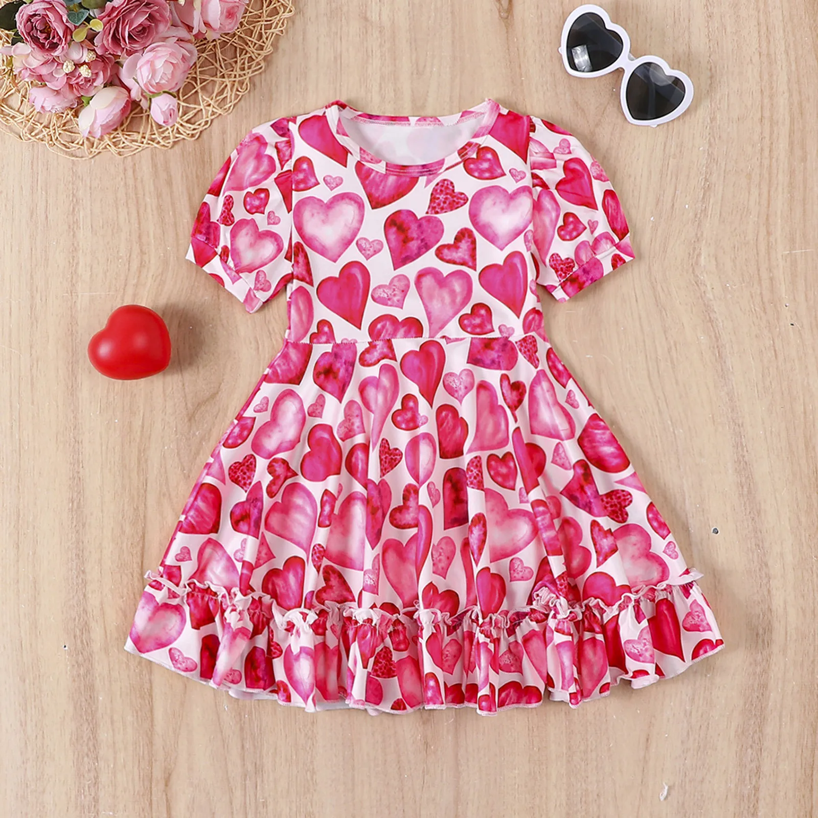 

0-6Y Valentines Days Kids Girl's Sweet Dress Short Sleeve Heart Print Ruffles A-Line Dress For Casual Daily Party Wear Vestidos
