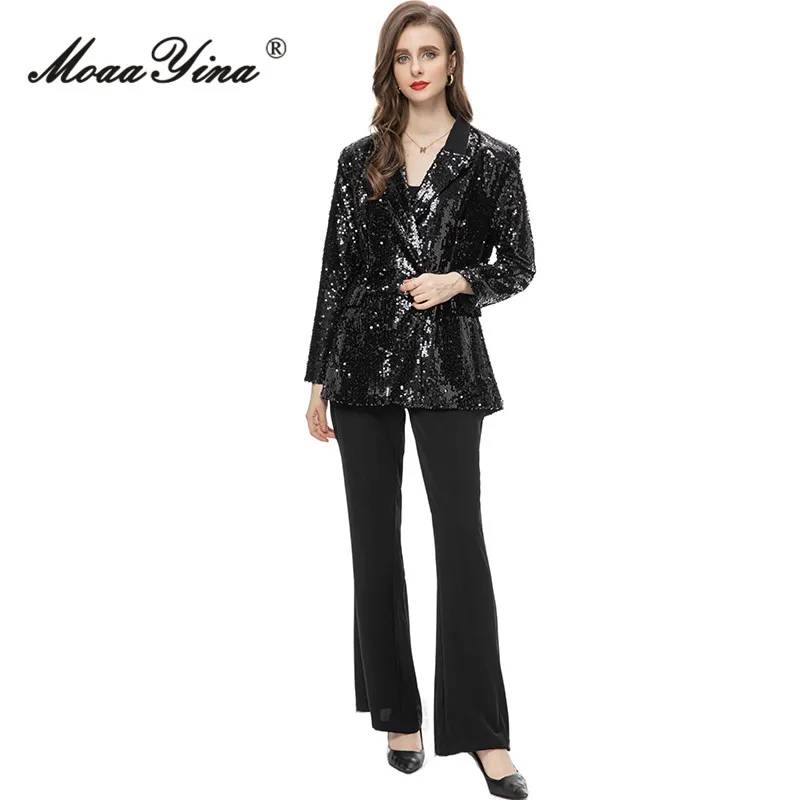 

MoaaYina/осенний модный дизайнерский черный комплект со штанами в винтажном стиле, Женский приталенный костюм с карманами и лацканами + расклешенные брюки, комплект из 2 предметов