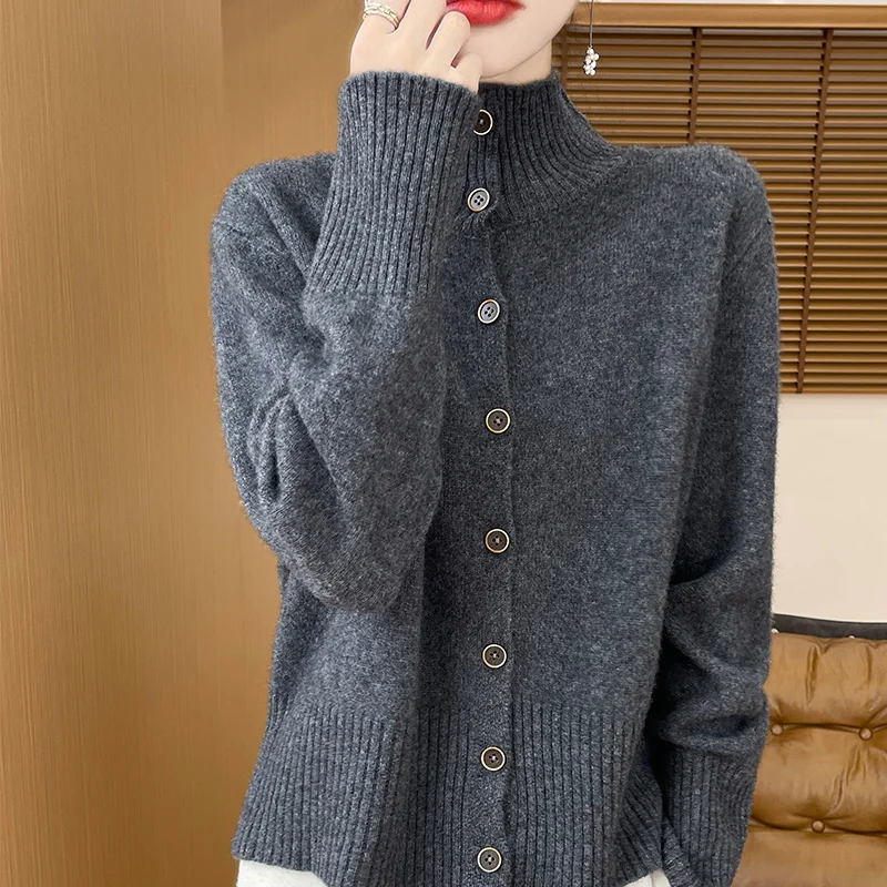 Women's Clothing Hot Sales 100% Merino Wool Women's Cardigan 2024 Autunmn/Winter New Stand Collar Cashmere Knit Sweater Jacket 2