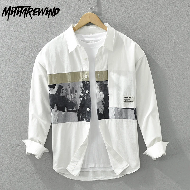 

Spliced Printed Shirt Man Fashion New Male Shirt Streetwear Loose Tops Long Sleeve White Shirt Spring Summer Men Clothing Youth