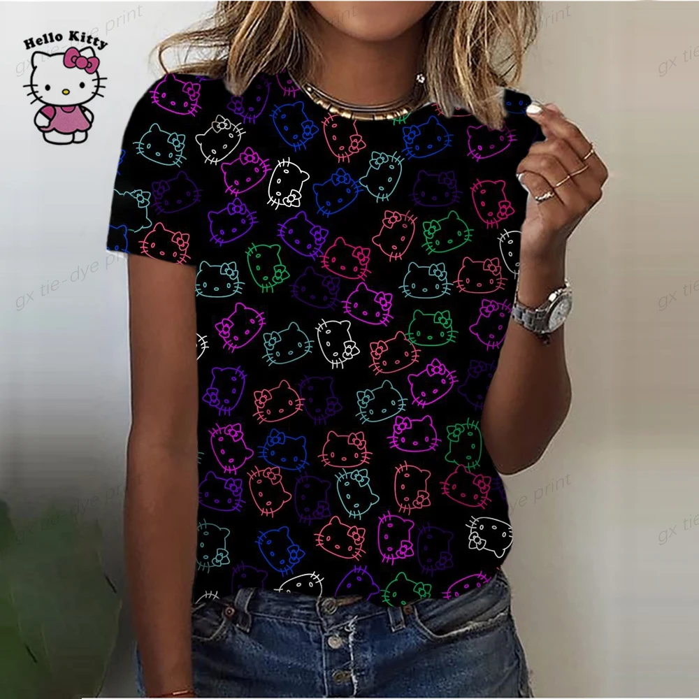 Camiseta con estampado de dibujos animados de Hello Kitty para mujer, camisetas con gráficos kawaii, camisetas casuales de manga corta a color para mujer, camisetas Harajuku con cuello redondo