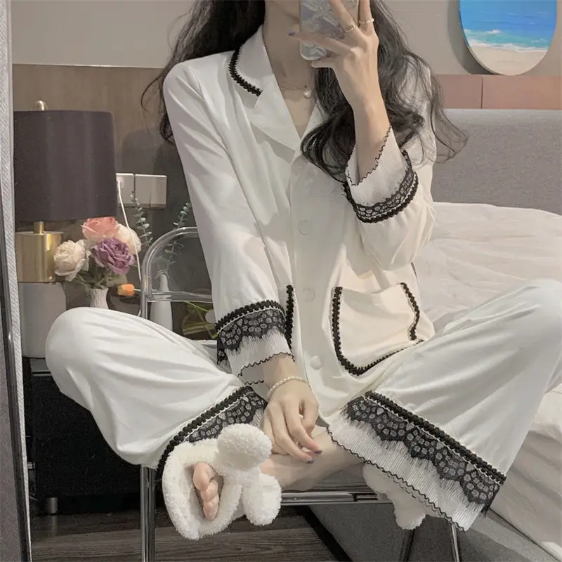 

2022 Autumn and Winter New Pajamas Women Japanese Lace Long-sleeved Cardigan Loose Trousers Homewear Suit Fashion Boutique