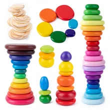 

Wooden Montessori Rainbow Pebbles Jenga Block Toys Nordic Style Gradient Stacking Stone Balancing Game DIY Educational Kids Toys