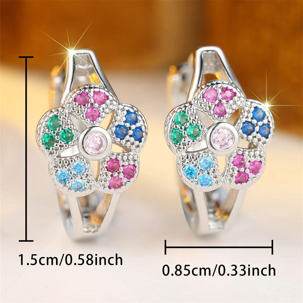 Female Cute Flower Rainbow Zircon Round Hoop Earrings For Women Vintage Gold Silver Color Ear Buckle Wedding Party Jewelry Gift
