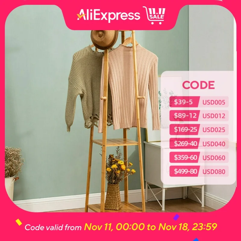 Clothes Rack Bamboo Coat Rack Free Standing 2-Shelves Clothing Storage Garment Organizer Stand with 8 Hooks Clothes Poles 55kg Load-bearing