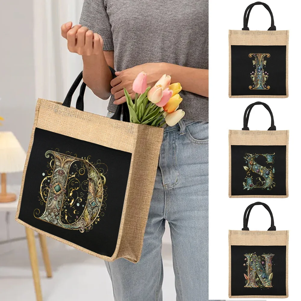 

Women's Tote Large Capacity Shopping Bag Linen Tote Bag Reusable Graphic Letter Pattern Supermarket Grocery Storage Bag