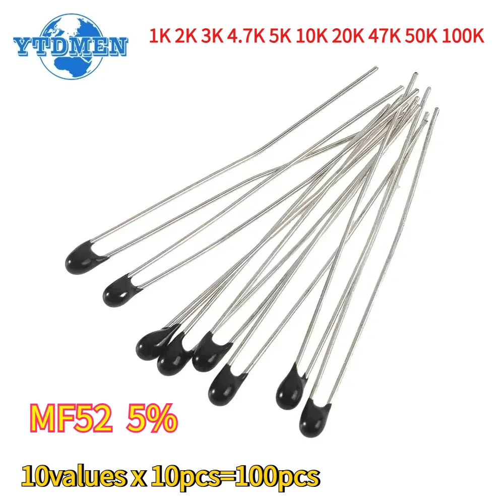 100pcs 10values NTC-MF52AT NTC Thermistor MF52 Thermal Resistor Kit 1K 2K 3K 4.7K 5K 10K 20K 47K 50K 100K OHM 3590 5%