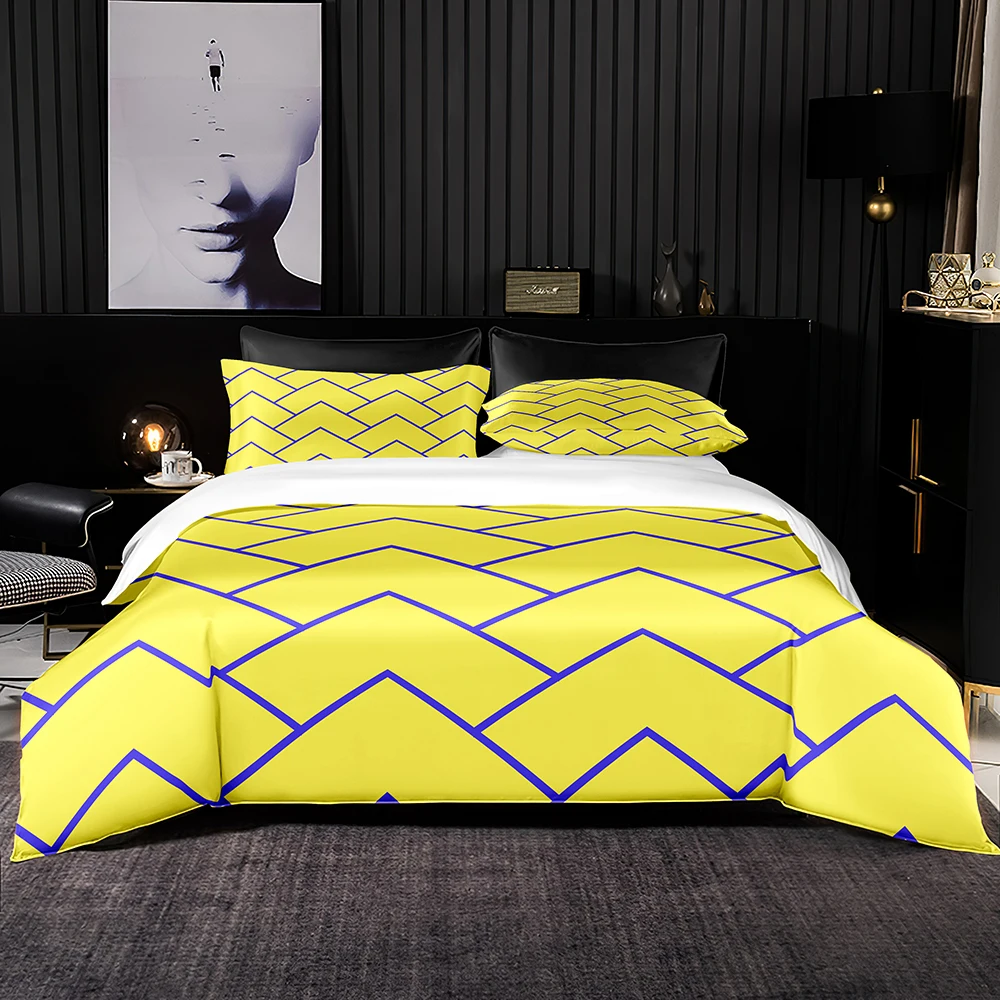 Light Yellow Bedding Set Blue Sharp Corners Pattern Duvet Cover Bedclothes 2/3pcs Premium for King Queen Full Size Bedroom |