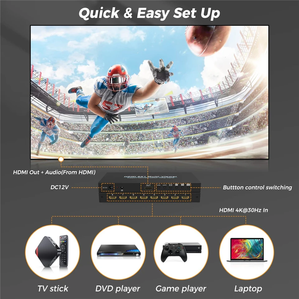 HDMI-compatible Multiviewer 4K 4 In 8 In 1 Out 1080P Quad Screen Multi Viewer HD