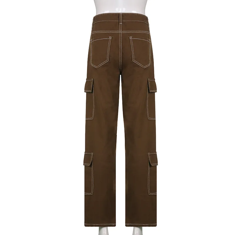 European and American  style 2021 new autumn and winter women's brown folding pocket casual  straight zipper high waist overalls flare pants