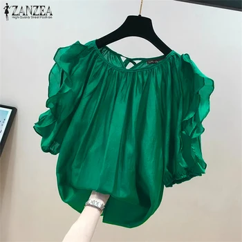 ZANZEA Women Cold Off Shoulder Blouse Fashion Ruffle Half Sleeve Tops Chic Back Straps Pleated Tunic Summer Casual Loose Shirts 1