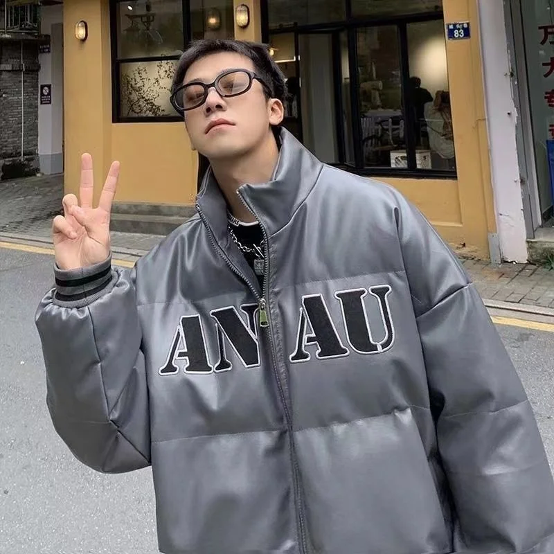 

Winter New Leather Embroidered Cotton Jacket Men Korean Version Loose Thickened Warm Coat 2022 Simple Solid Color Winter Jackets