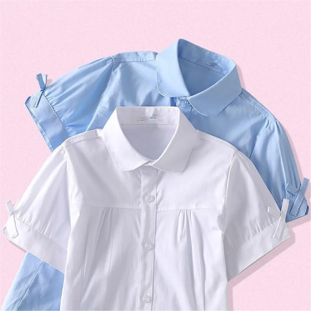 Summrt Autumn Teen Baby Girls Button Shirts Tops Turn-down Collar White Blouse Formal Wear Kids Cotton School Uniform A5962