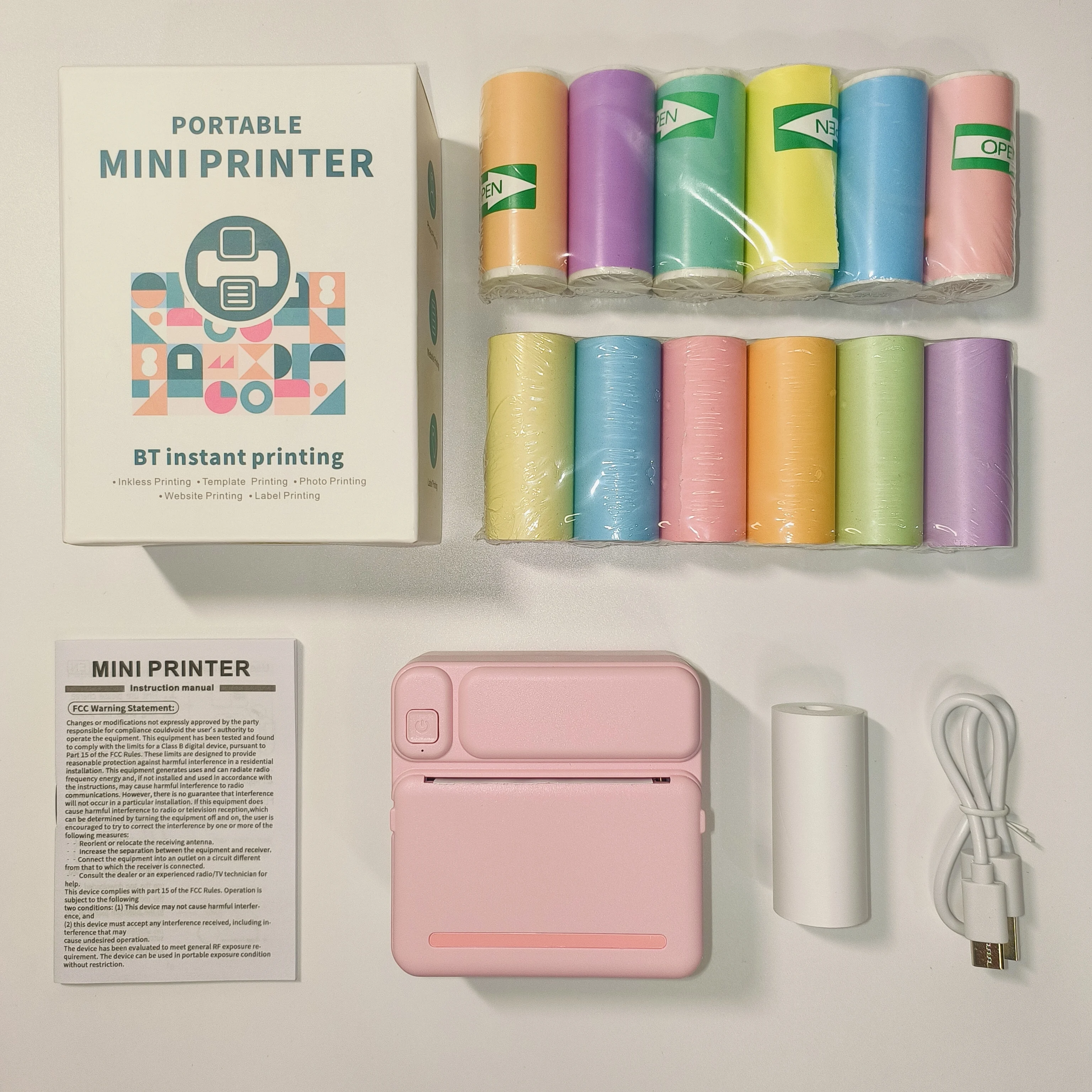 아이폰 및 안드로이드용 휴대용 무선 열전사 프린터 - 6색 용지 롤 및 6개 스티커 롤 포함, USB 충전식