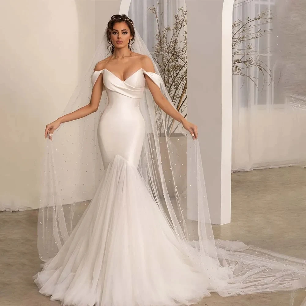 Bohemian Wedding Dresses Fashion  A-Line Beautiful Satin Mermaid Off Shoulder Mopping Bride Gowns Sexy Backless Sleeveless 2023