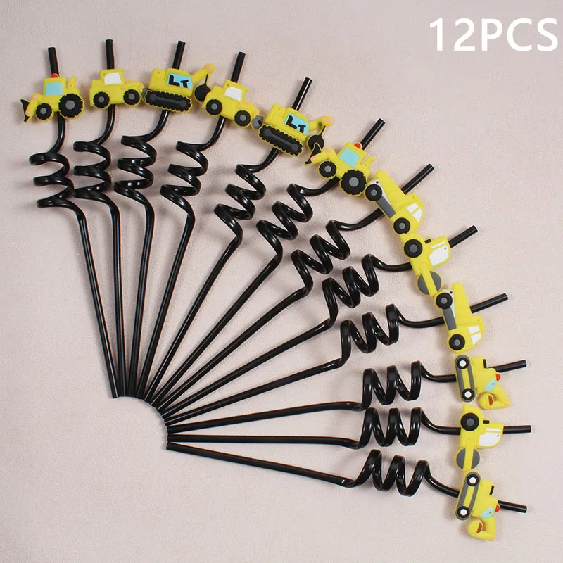Deluxe Construction Vehicle-Themed Reusable Straw Set - Perfect for Parties & Gatherings, 12-Piece Collection