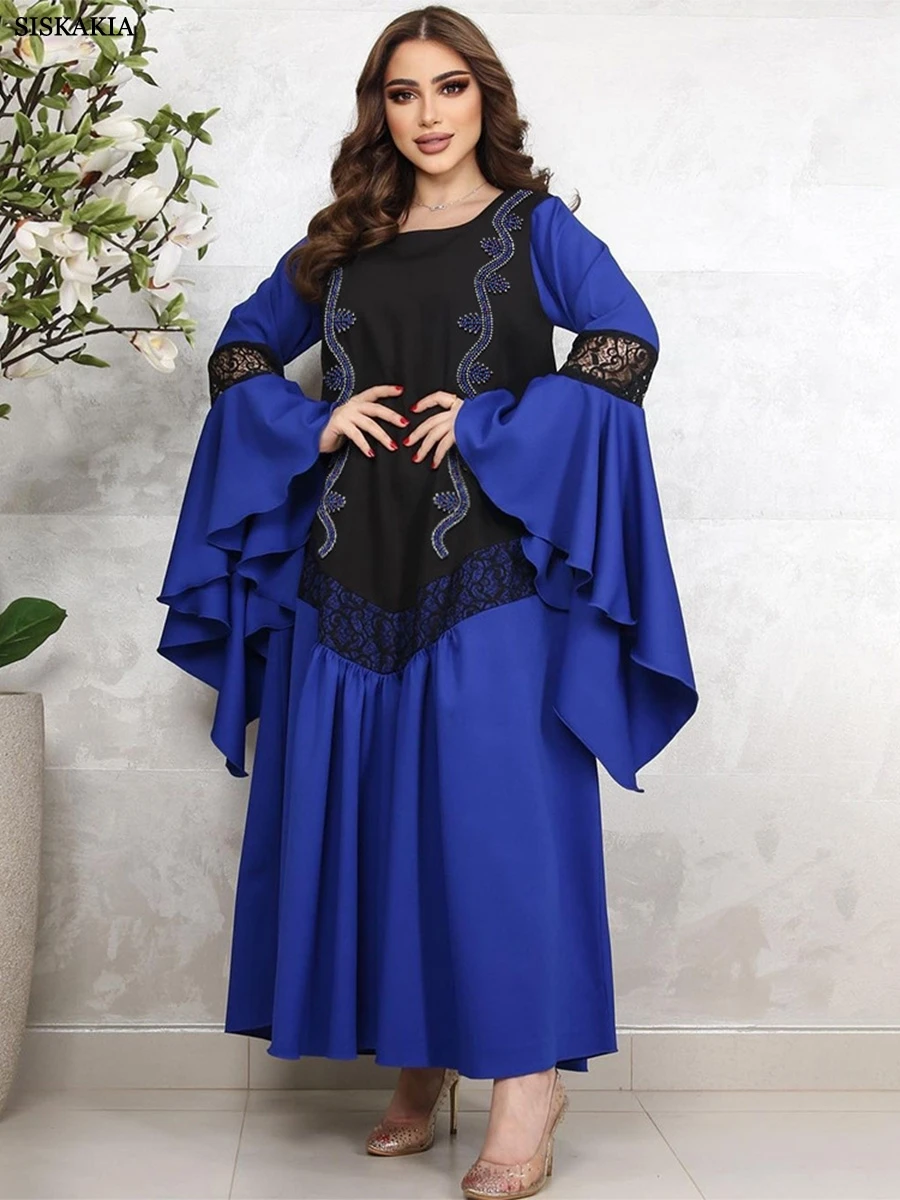 

Siskakia Kaftan Dubai Abaya Long Dresses Fashion Lace Patchwork Diamonds Ruffles Sleeve O-Neck Casual Moroccan Women Clothes