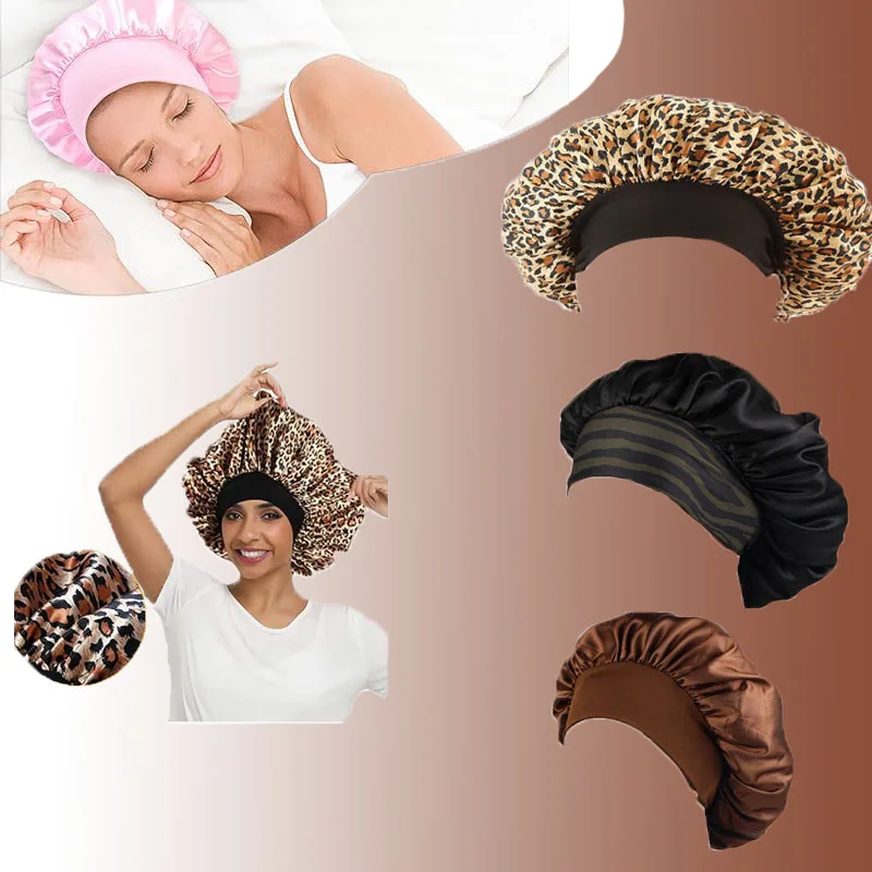 Satin Bonnet Satin Bonnets Night Sleeping Cap Large Elastic Wide Soft Band Colorful Silk Hat For Curly Hair Care Beauty Makeup For Women