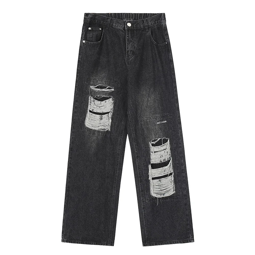 

Streetwear Big Hole Ripped Men's Baggy Jeans Fashion Casual Oversized Washed Denim Pants Wide Leg Solid Denim Trousers for Men