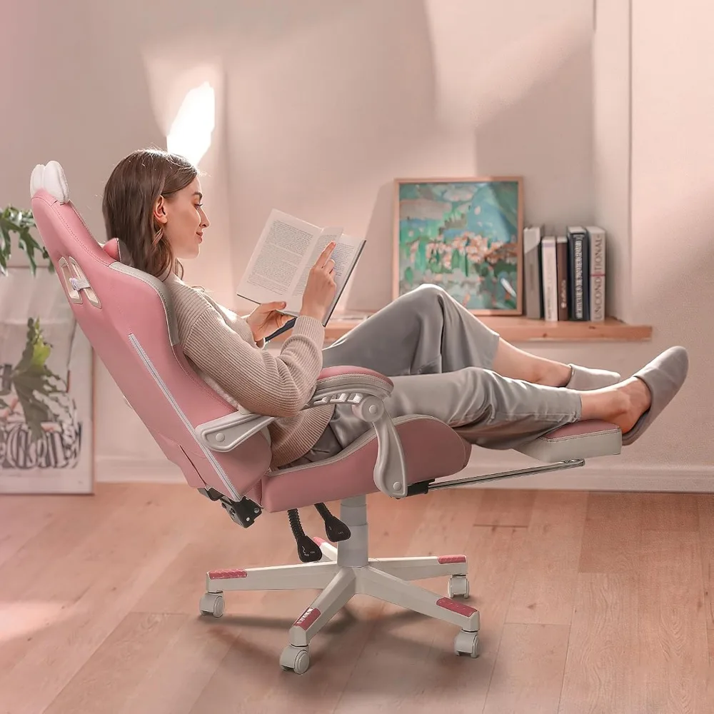 Pink Gaming Chair Cute with Cat Ears and Cat Paw Lumbar Cushion, Ergonomic Computer Chair for Girl with Footrest and Headrest, 6