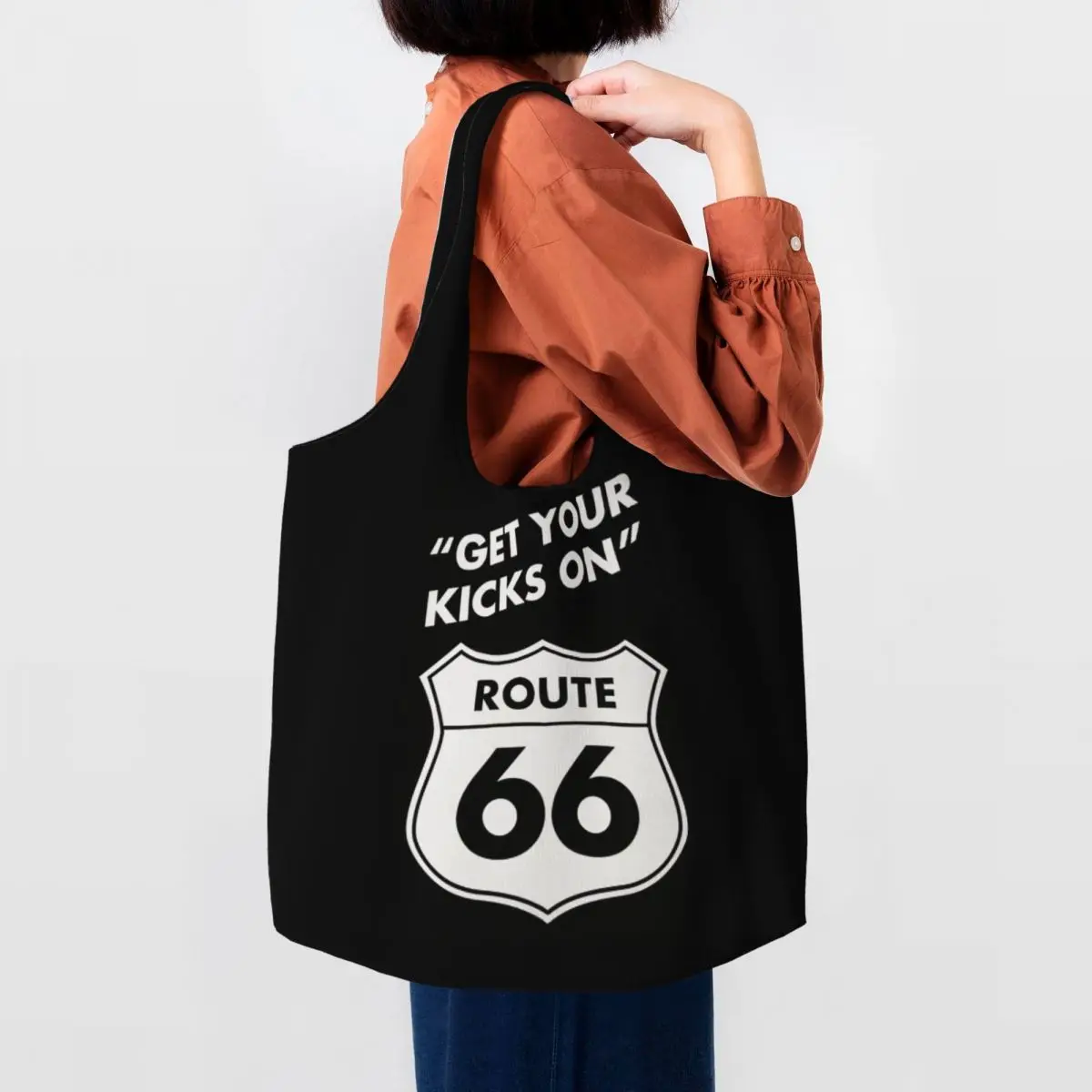 

Get Your Kicks On Route 66 Groceries Shopping Bags Canvas Shopper Shoulder Tote Bags Big Capacity Durable USA Highways Handbag