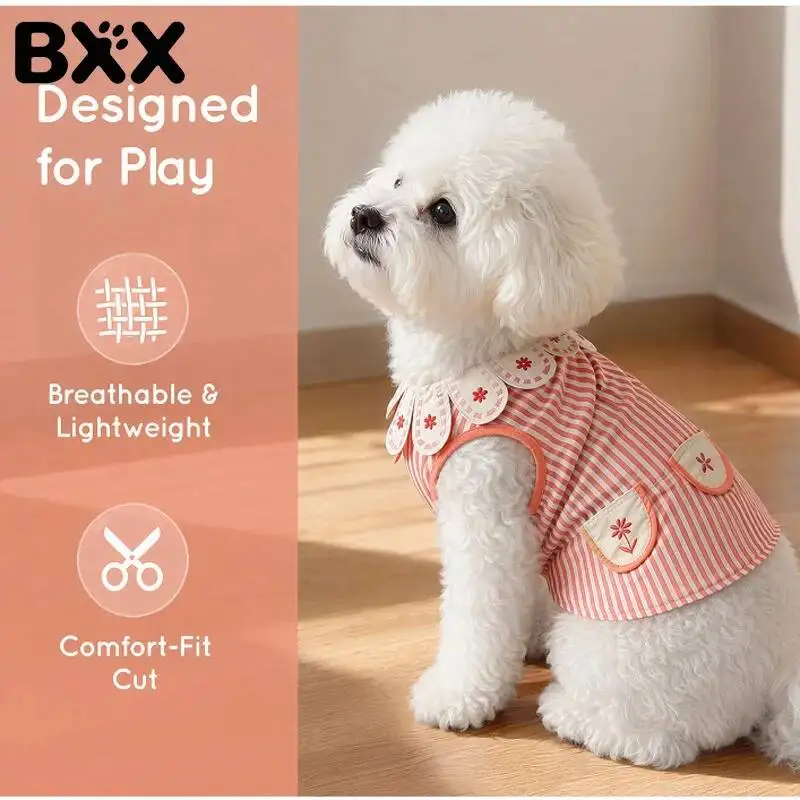 BXX 새로운 줄무늬 개 조끼 꽃 꽃잎 칼라가 있는 귀여운 자수 작은 품종 테디..
