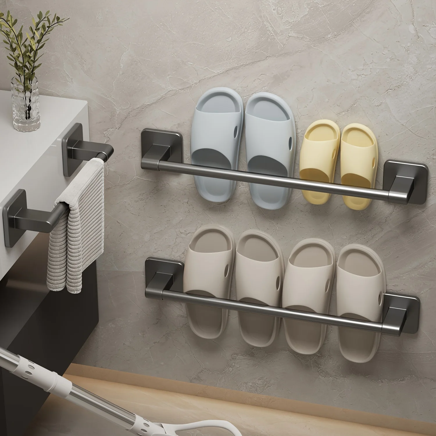 Bathroom slipper and towel rack, patch-type towel and slipper bar