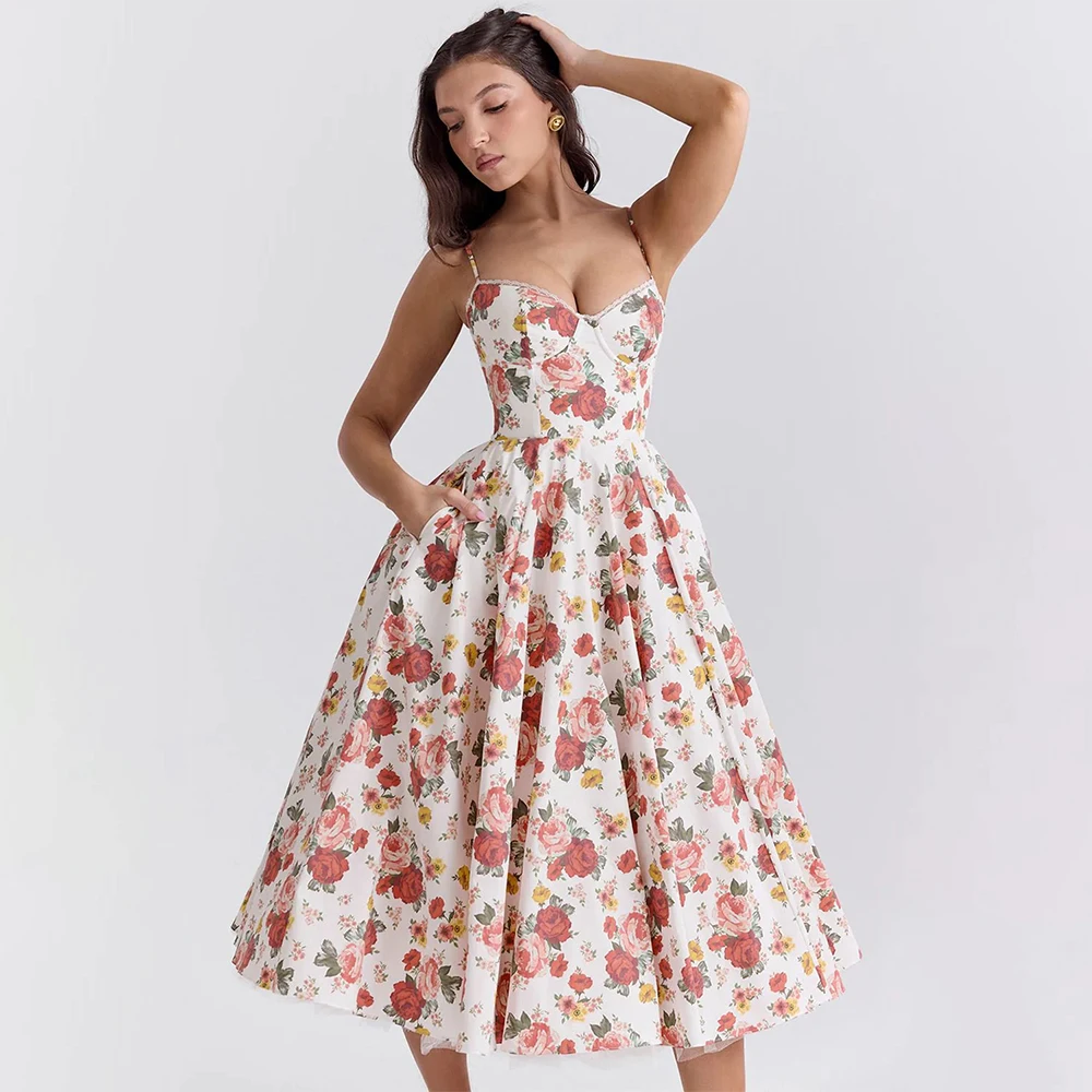 Women's Casual Spaghetti Strap A Line Flowy Midi Dresses Party Evening Gown  Backless Elegant Wedding Guest Dress with Pockets - AliExpress