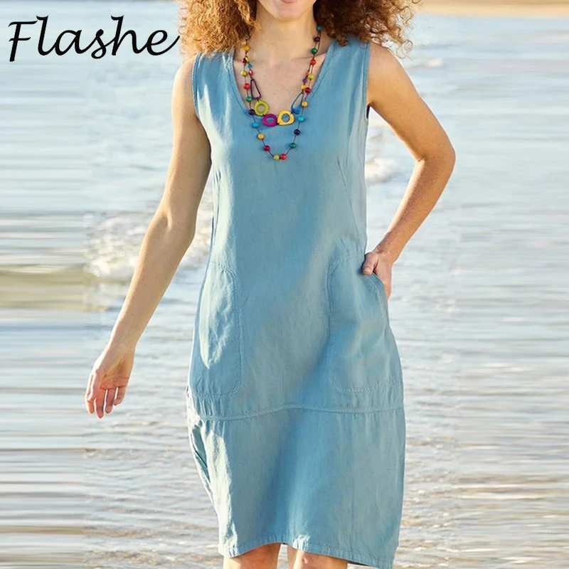 

Summer Casual Mini Dress Women O Neck Sleeveless Loose Beach Holiday Dresses For Women Elegant Pocket Party Dress