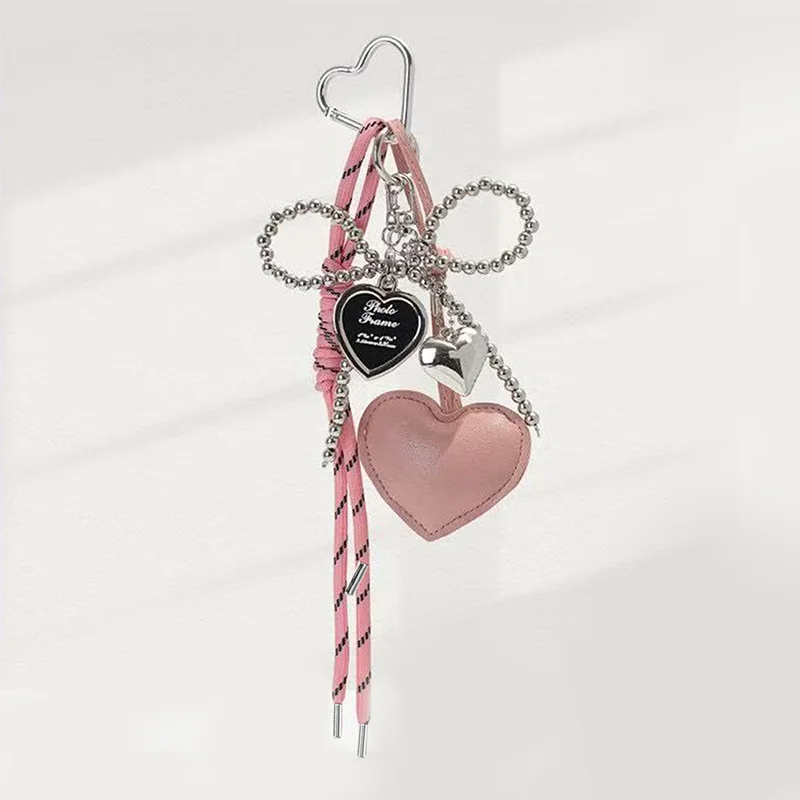 Trendy Leather Heart Bow Keychain Beaded Keyring Car Key Holder Bag Pendant Decoration for Girls Gift Purse Accessories