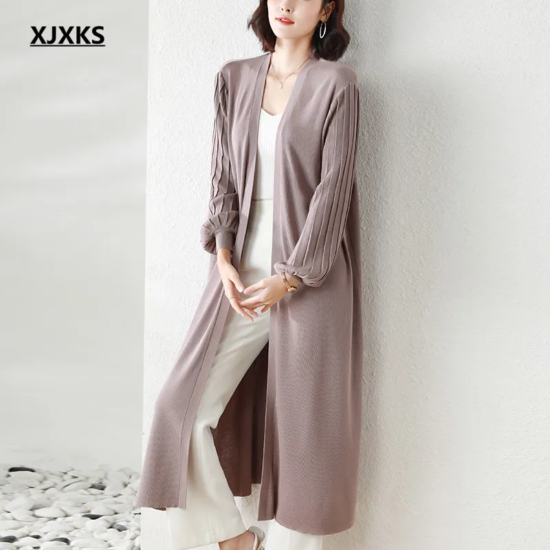 

XJXKS 2022 Spring Autumn New Fashion V-neck Women's Long Coat High Quality Wool Knitted Cardigan Female Sweater